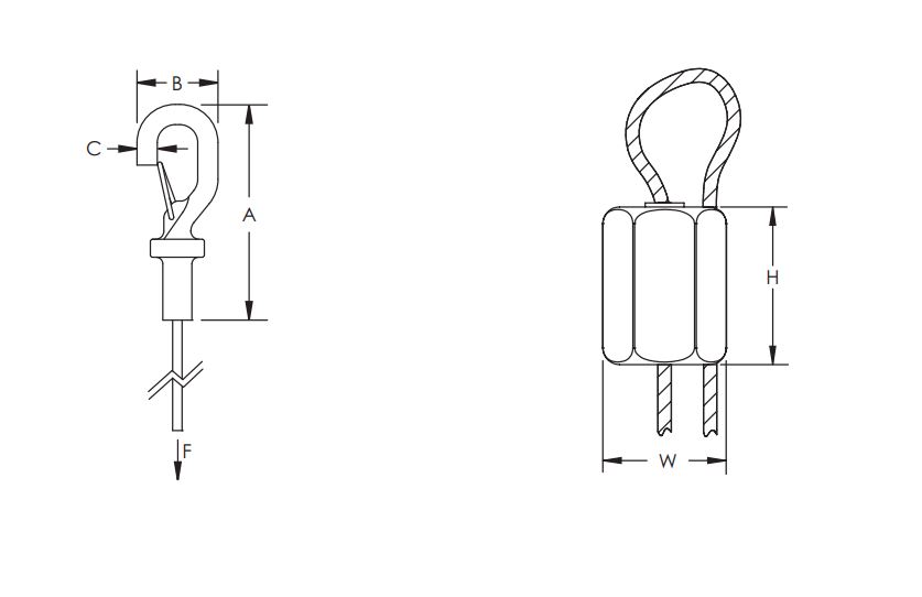 nVent Erico SLD15L2S Edelstahl-Caddy Speed Link LD mit Haken, A= 58,4mm, B= 22,9mm, C= 6,4mm, Stahlseil Durchmesser 1,5mm; Stahlseil Länge 2.000mm; Edelstahl 316 (DIN 1.4401), 1 VPE = 2 Stück - SLD15L2S nVent Edelstahl-Caddy Speed Link LD mit Haken-Skizze