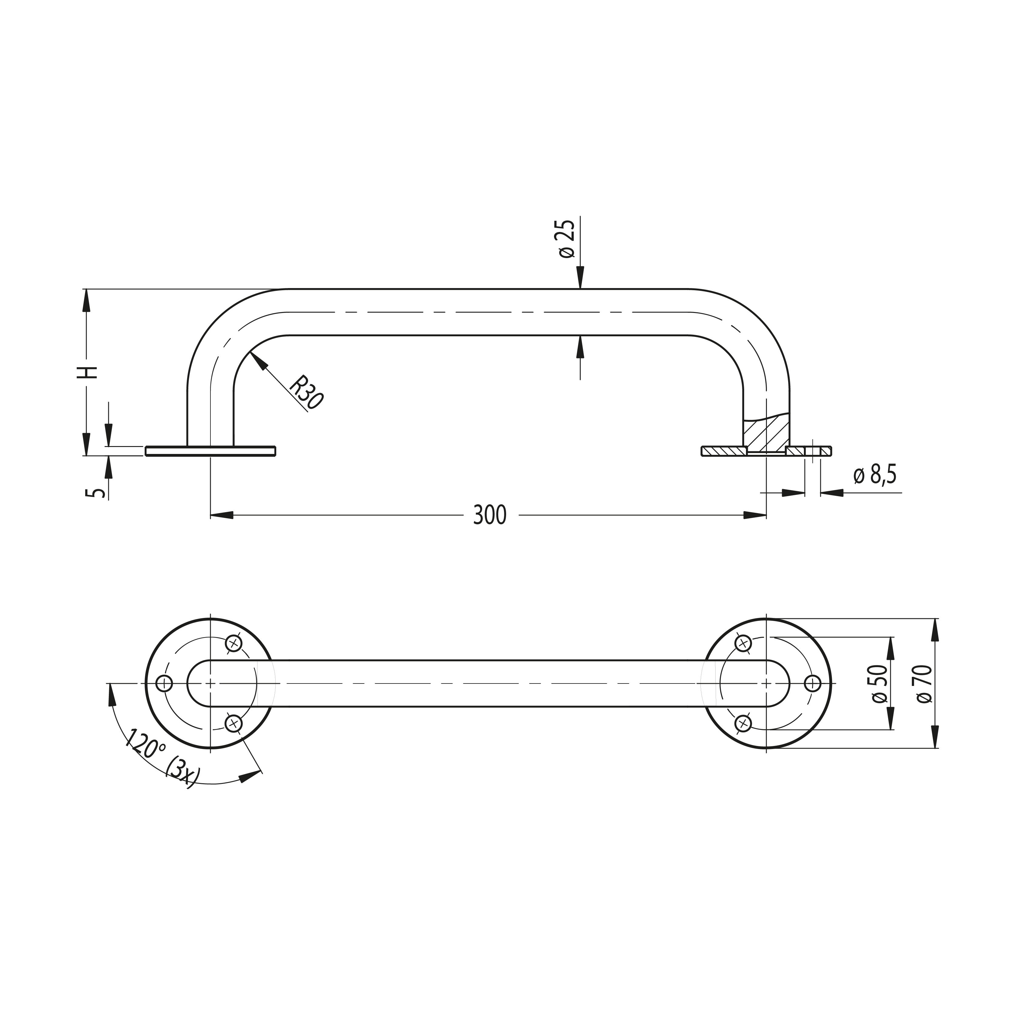 Leschhorn SWEM-25-300-090-A4 Griff aus Rund-Edelstahl Ø25, A 300, Höhe 90 mm, Material 1.4404, mattglänzend eletropoliert - LE SWEM-25 Buegelgriff Rundstahl seewasserbestaendig - Massblatt