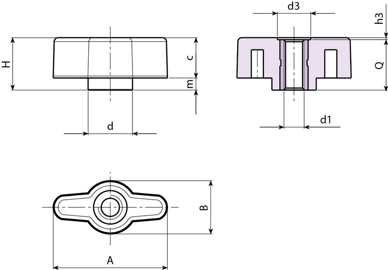 Leschhorn L748 Flügelmuttern  A 28; d 11; Gewinde d1 M4; Kunststoff PA, schwarz, - LE 748 Fluegelmuttern-EcoLine-Massblatt