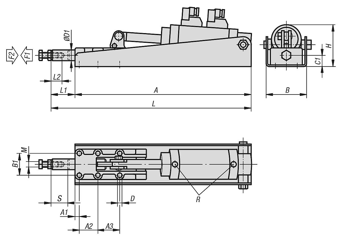 Kipp K0094.0600 PNEUMATIK SCHUBSTANGENSPANNER, FORM B, P=600 daN - K0094 Pneumatik Schubstangenspanner Form B - Massblatt