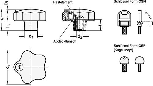 Ganter 5337.8-42-M6-CSF Sicherheits Sterngriffe mit Schlüssel - GN 5337-8 Sicherheits Sterngriffe mit Schluessel-Abbildung