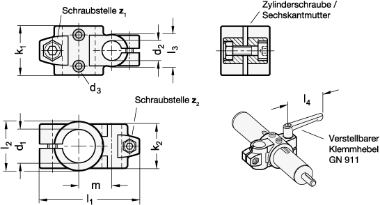 Ganter 133.1-B30-B18-2-SW  Kreuz-Verfahrschlitten für Einachssystem, Aluminium, d1 - d2 (ohne Gleiteinsatz): B30 - B18, Kennziffer: 2 - mit 2 Edelstahl-Zylinderschrauben ISO 4762, Oberfläche: SW - schwarz, RAL 9005, strukturmatt - GN 133-1 Kreuz-Verfahrschlitten fuer Einachssystem - Aluminium - Massblatt