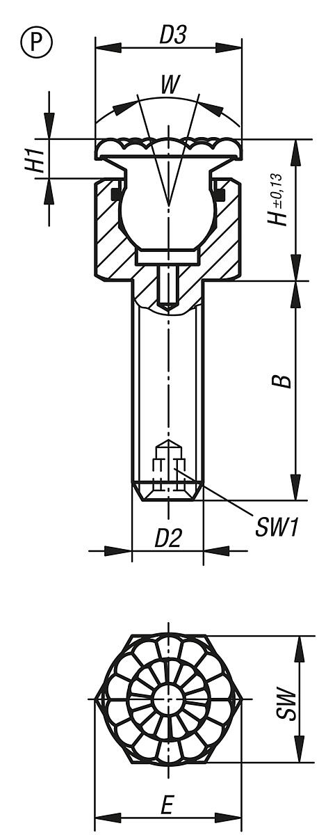 Kipp K0288.606X012 PENDELAUFLAGE FORM P MIT O RING D1=M6, L1=12 - K0288-P Pendelauflagen verstellbar - mit O Ring Form P - Massblatt