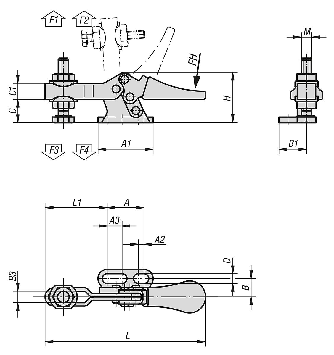 Kipp K0267.0050 MINISCHNELLSPANNER HORIZONTAL, MIT WAAGRECHTEM FUSS RECHTS, - K0267 Minischnellspanner horizontal-waagrechtem Fuss rechts-verstellbarer Andruckspindel-Massblatt