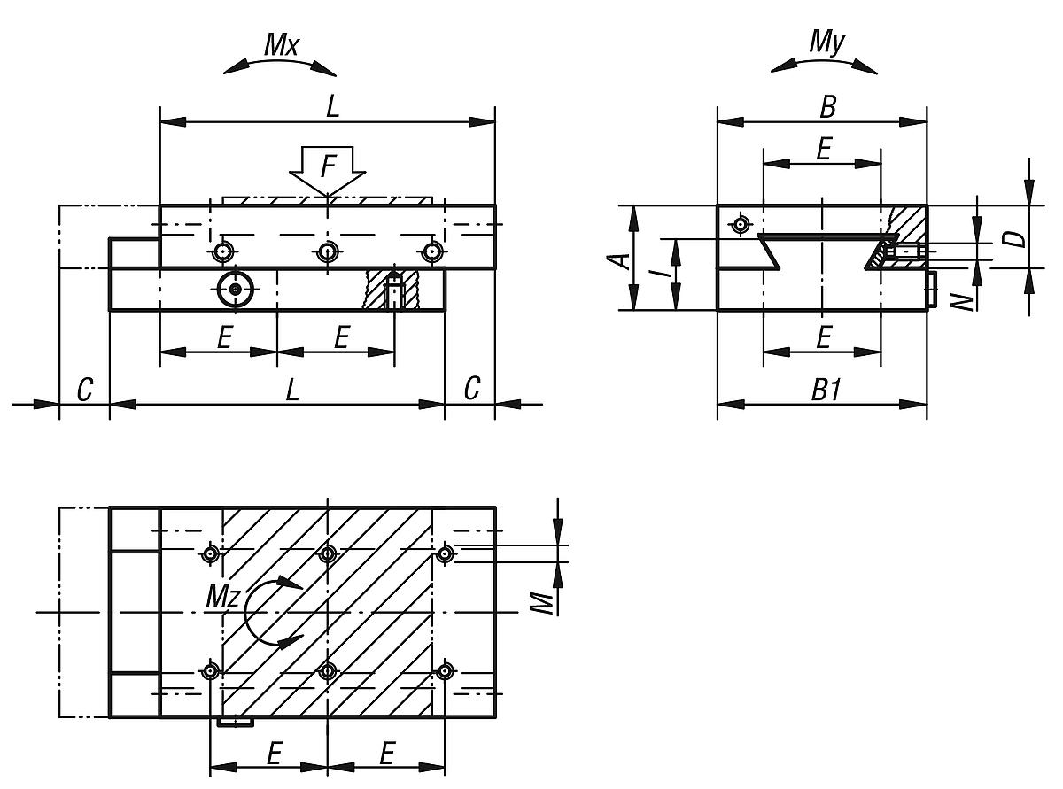 Norelem 21030-050105 SCHWALBENSCHWANZ SCHLITTENFÜHRUNG, B=50, L=105 - NLM 21030 Schwalbenschwanz Schlittenfuehrungen - Massblatt