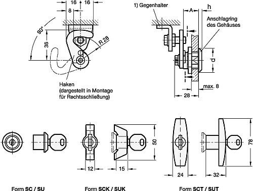 Ganter 115.8-SC-18-H1-CR-1 Hakenverriegelungen, abschließbar - GN 115-8 Hakenverriegelungen - abschliessbar-Skizze