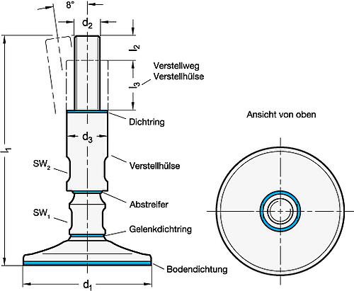 Ganter 20-100-M16-175-A Edelstahl Stellfüße ohne Befestigungsbohrungen, Hygienic Design - GN 20 Edelstahl Stellfuesse ohne Befestigungsbohrungen - Hygienic Design-Skizze