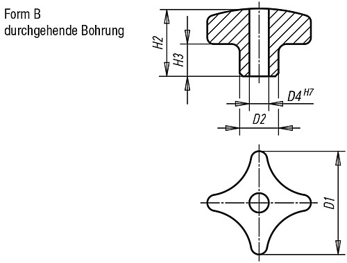 Kipp K0146.2032062 KREUZGRIFF                    EDELSTAHL, FORM B, D1=32, D4=6 - KIPP K0146-B Kreuzgriffe aehnlich DIN 6335 Edelstah