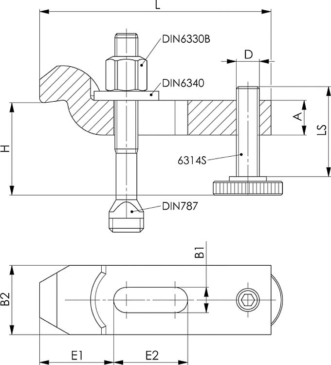 AMF 6316V-22 Spanneisen gekröpft, mit verstellbarer Stützschraube, komplett, mit Spannschraube: M20x22x160, Nut: 22, D x LS: M20x69 - LE 6316V Spanneisen - gekroepft - mit verstellbarer Stuetzschraube komplett-Skizze