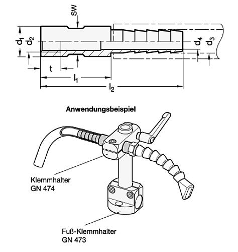 Ganter 480.7-D10-M5-4 Edelstahl Schlauchadapter - GN 480-7 Edelstahl Schlauchadapter-Skizze