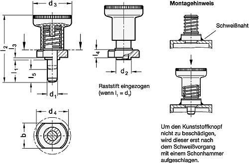 Ganter 607.5-6-14-ST RASTBOLZEN MIT RASTSPERRE, ZUM ANSCHWEIßEN - GN 607-5 Rastbolzen zum Anschweissen - mit Rastsperre-Skizze