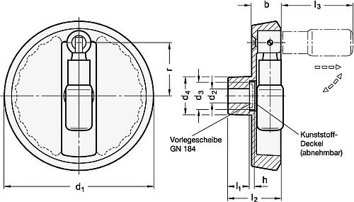 Ganter 923.3-100-B10-R-SR UMLEGGRIFF SCHEIBENHANDRAD, SILBER MATT BESCHICHT. - GN 923-3 Umleggriff Handraeder - Griff arretiert-Skizze