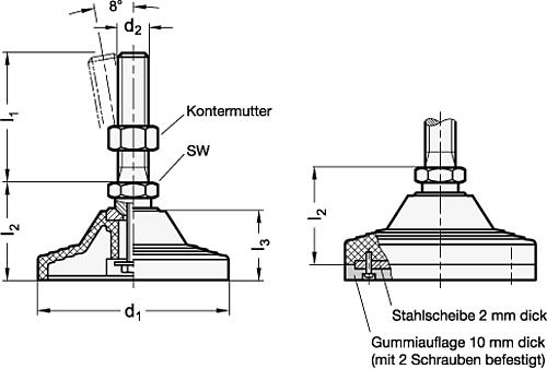 Ganter 244-125-M20-136-A ELESA STELLFUSS O.MUTTER, O.GUMMIAUFLAGE - GN 244 Stellfuesse ohne Befestigungsbohrungen-Skizze