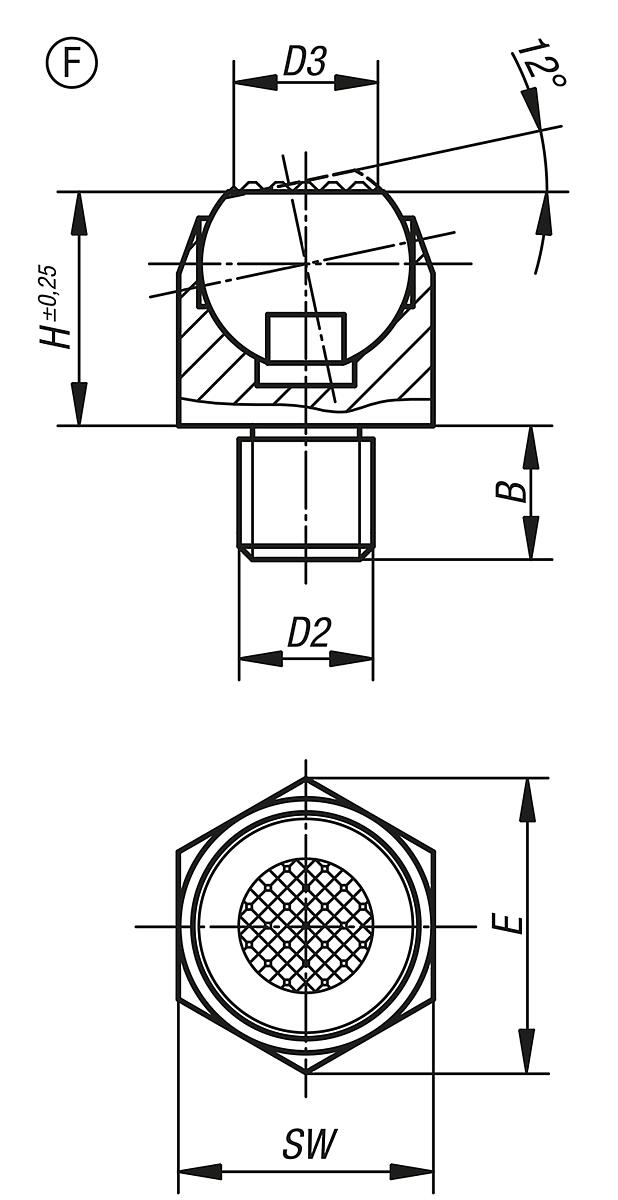 Kipp K0302.316 PENDELAUFLAGE FORM F  M16 - K0302-F Pendelauflagen - Neigungswinkel 12 Grad Form F - Massblatt