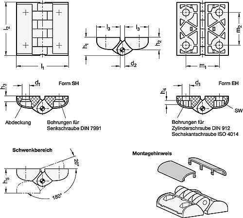 Ganter 151.3-48-49-5,5-EH ELESA SCHARNIER - GN 151-3 Scharniere mit Abdeckung - Kunststoff-Skizze