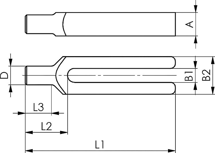 AMF 6315C-11x125 Gabelspanneisen mit rundem Spannansatz, für   Spannschraube   metr.: M10, für   Spannschraube   Zoll: 3/8, A: 20 - DIN 6315C Gabelspanneisen mit rundem Spannansatz-Skizze