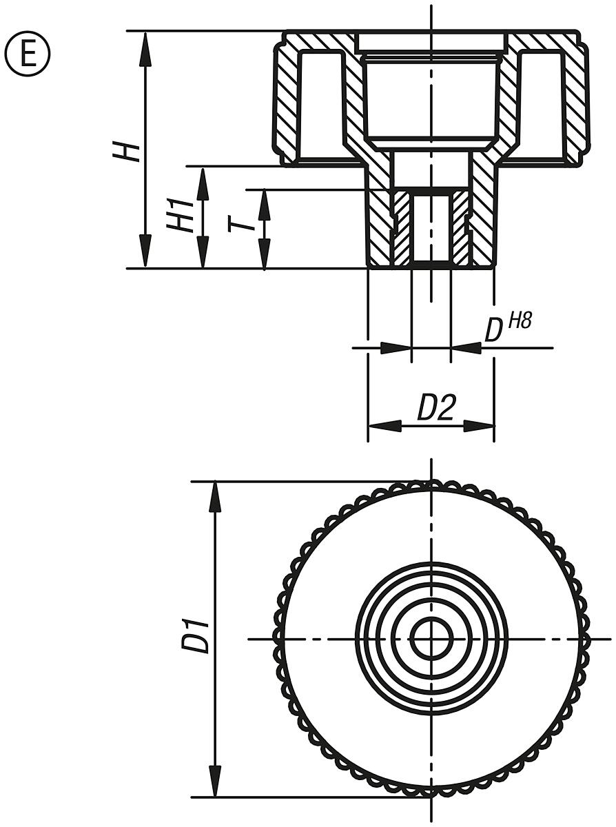 Kipp K0260.3106 NOVO.GRIP RÄNDELRAD  GR.1  FORM E, D=40, D3=6 - K0260-E Raendelraeder mit Passbuchse - Form E - Massblatt