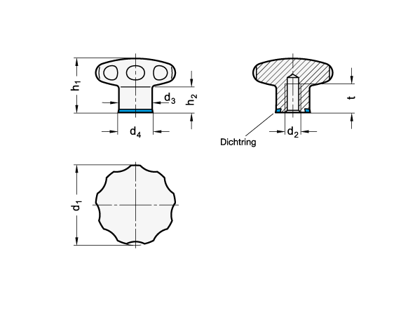 Ganter 5435-40-M6-MT-F  Sterngriffe, Edelstahl, Hygienic Design, Griffdurchmesser d1: 40, Gewinde d2: M 6, Oberfläche: MT - mattiert (Ra < 0,8 µm) - GN 5435 Sterngriffe - Edelstahl - Hygienic Design - Massblatt