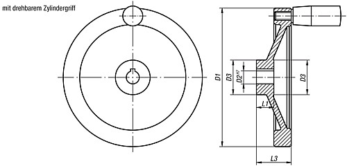 Norelem 06275-4080X10 SCHEIBENHANDRAD ALU, DREHB.GR.O.NUT, D1=80, D2=10 - Norelem 06275-MDG Scheibenhandraeder aus Aluminium - mit drehbarem Zylindergriff