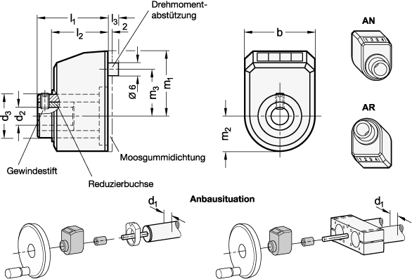 Ganter 9534-18-3-L-NI-AN-GR  Stellungsanzeiger für konfigurierbare Lineareinheiten, mechanisches Zählwerk, Durchmesser d1: 18, Spindelsteigung p: 3, Form: L - Zahlenwert steigend bei Linksdrehung - GN 9534 Stellungsanzeiger fuer konfigurierbare Lineareinheiten - mechanisches Zaehlwerk - Massblatt
