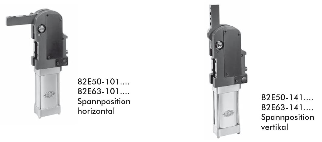 DESTACO 82E40-1010000 Automations-Kraftspanner Haltemoment max. 350 Nm, Spannmoment max. 80 Nm, Öffnungswinkel 135°, Zylinder Ø40, Spannposition horizontal, Ohne Abfragung - 82E50-1 - 82E63-1 AKS