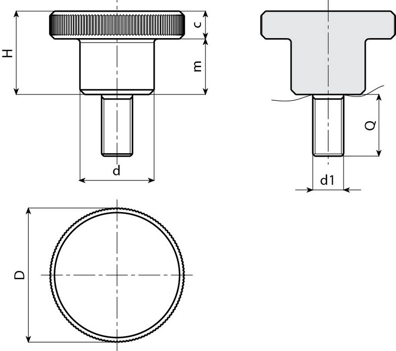 Leschhorn W464 Rändelschrauben mit Gewindestift d 20; D 35; H 23; d1 M10; H- Vernickelt - Boteco W464 Metallhandraeder mit Gewindestift