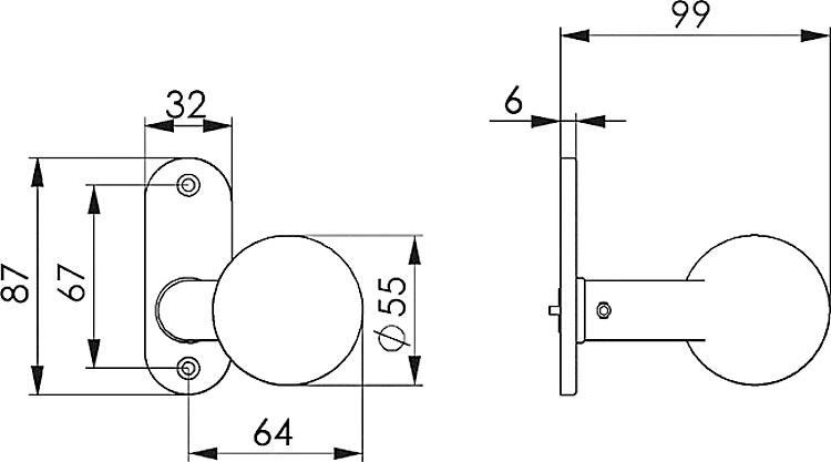 AMF 433D Türknopf, gekröpft, drehbar: Ja, fest: -, Rosette: 32 x 87 x 6 mm - LE 433 Tuerknopf - gekroepft -Skizze