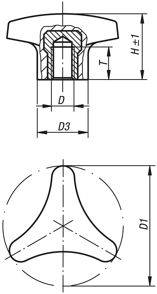 Norelem 06702-26210 DREISTERNGRIFF MIT HOHEM BUND EDELSTAHL, D=62  M10 - NLM 06702-IG Dreisterngriffe mit hohem Bund - Innengewinde - Massblatt