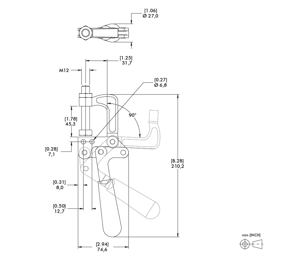 DESTACO 325 Spannzange Stationär Haltekraft 3600N, Öffnungswinkel 90° - DESTACO 325 Spannzange Stationaer Haltekraft 3600N, Öffnungswinkel 90°_Massblatt