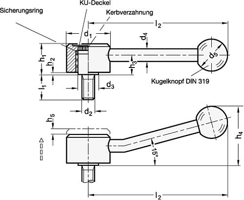 Ganter 125-36-M10-25-E VERST.FLACHSPANNHEBEL M.SCHRAUBE, SCHRÄG - GN 125 Verstellbare Flachspannhebel mit Aussengewinde - Stahl-Skizze