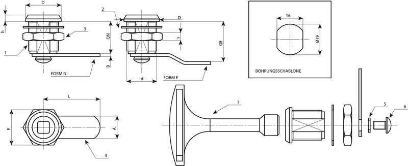 Leschhorn J144 Verriegelungen Außengewinde M19; mit 7-er Vierkant-Steckschlüssel; L 30; Riegelabstand Qe 25 (Form E) - LE J144 Verriegelungen - Zink-Druckguss-EcoLine-Massblatt