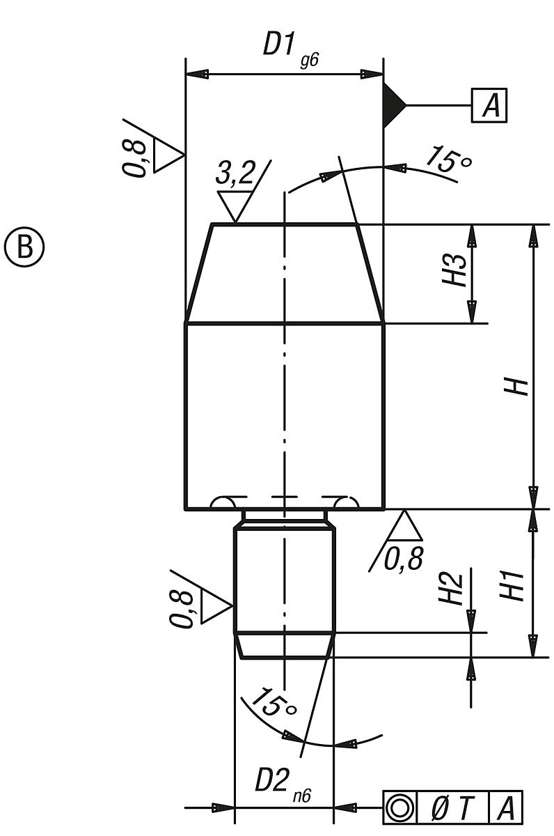 DIN 6321 AUFNAHMEBOLZEN FORM B, KURZ, D1=20 - DIN 6321 Aufnahmebolzen kurz Form B - Massblatt