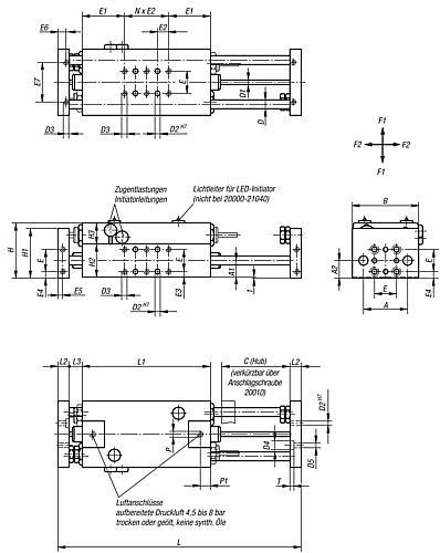 Norelem 20000-21040 LINEARMODUL PNEUMATISCH GR.1,C=40, MIT ZWEI RUNDFÜHRUNGEN - Norelem 20000 Linearmodule pneumatisch mit zwei Rundfuehrungen