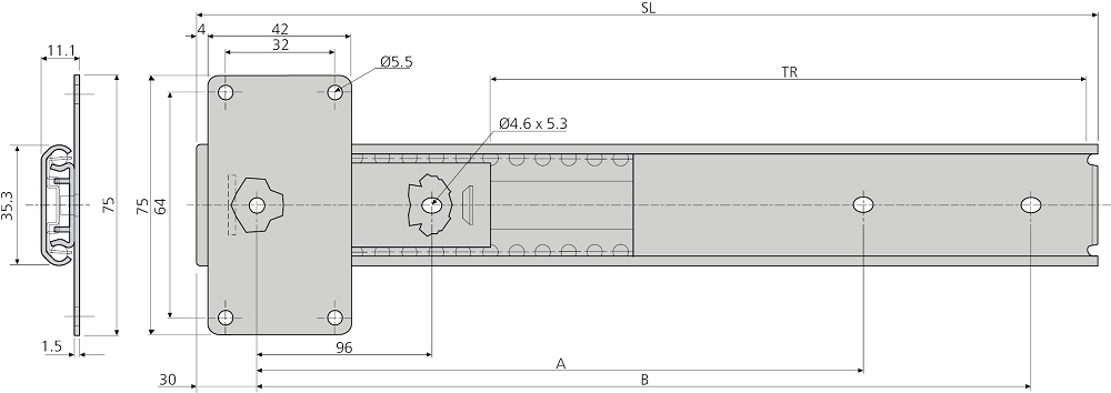 Accuride DZ1312-0035 Linearführungen, 11,1X75, SL 350, TR 257, 5,5kg, hell verzinkt - Accuride DZ1312 Linearfuehrungen - bis 5 5kg 60kg - Profil 11 1X75-Skizze