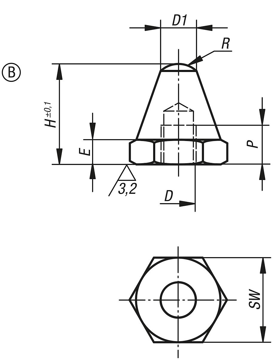 Kipp K0294.206012 AUFLAGEBOLZEN FORM B, D=M6, H=12,5 - K0294-B Auflagebolzen Form B - Massblatt